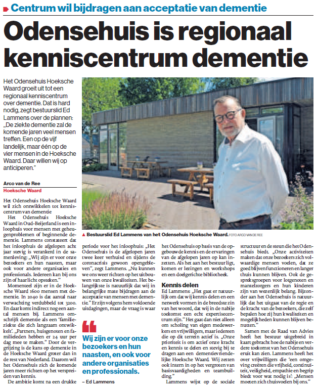 Artikel over toenemende dementie in de Hoeksche Waard en de rol van het Odensehuis.