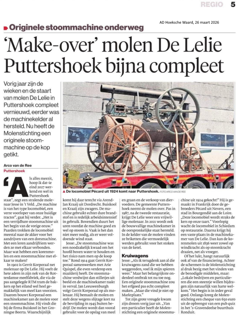Foto van de locomobile die de Molenstichting heeft gekocht voor molen De Lelie in  Puttershoek.